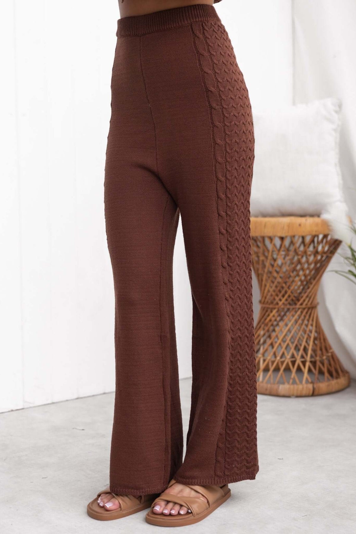 Jesse Pants in brown, mid-high waist, knit material with drop crotch style, perfect for casual wear.
