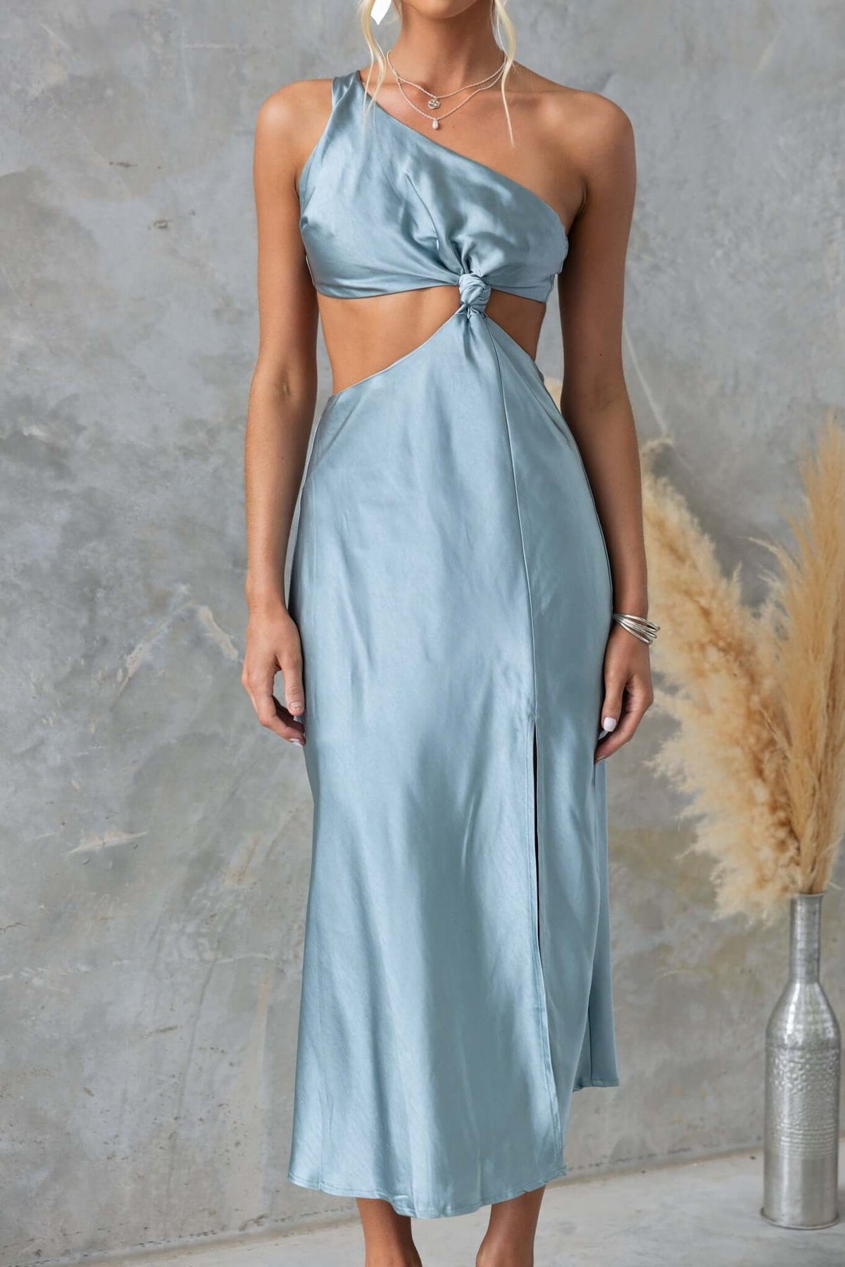 Own It Midi Dress in blue featuring one-shoulder neckline, tie straps, waist cut-out, and front split.