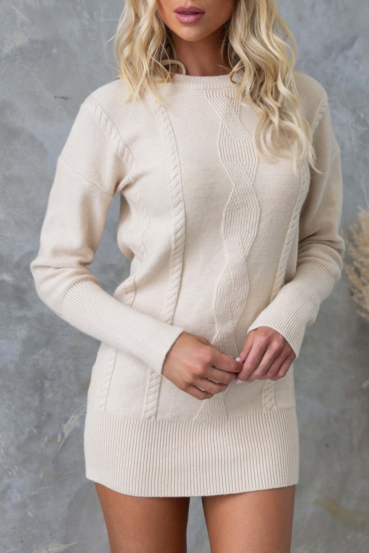 Beasley Dress in cream, featuring round neckline and cable knit details, perfect for a relaxed fit casual look.