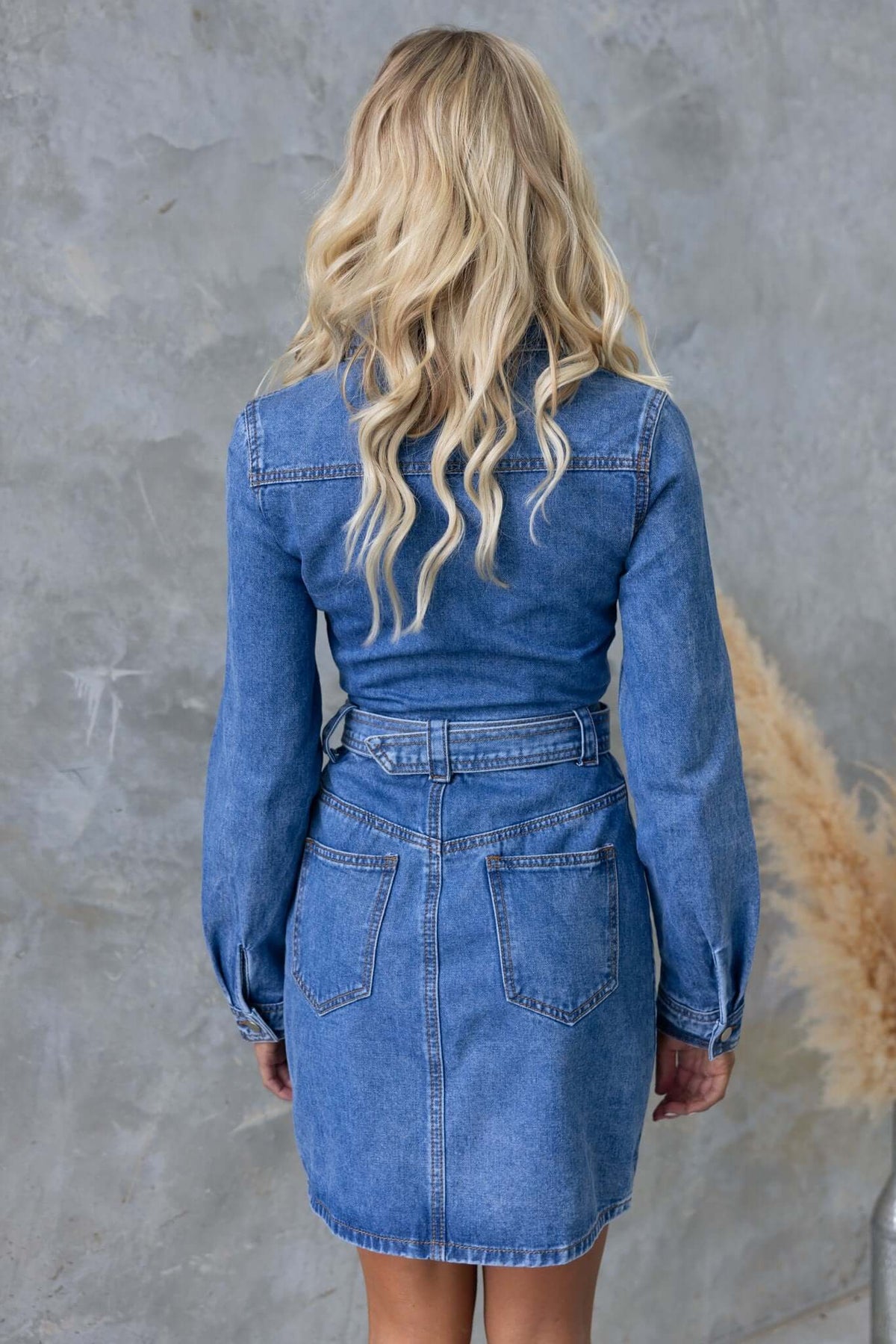 Back view of a woman in a Barley Denim Dress featuring a collar, button-up design, and removable belt.