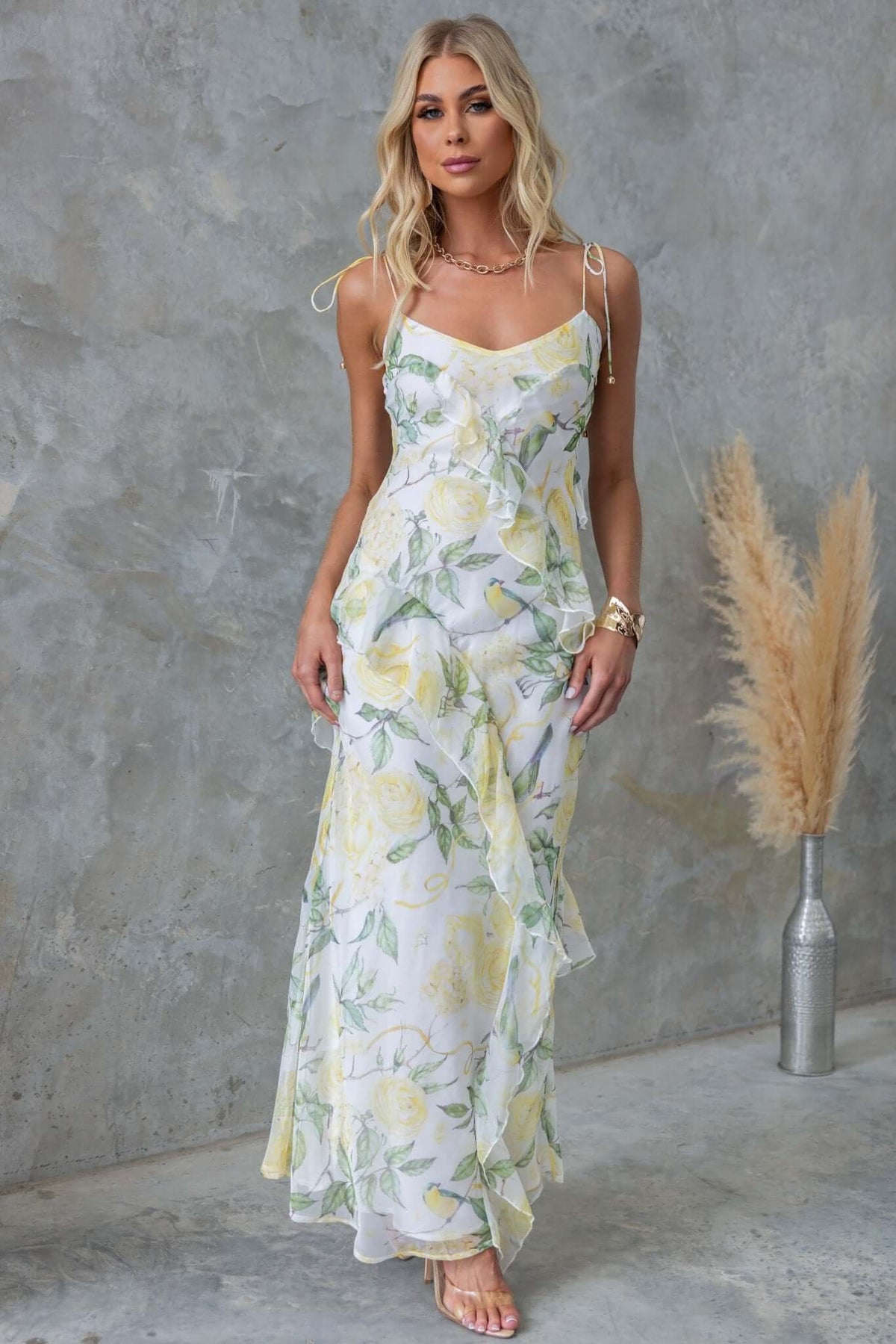 Praino Maxi Dress in floral chiffon with ruffle detailing, featuring tie straps and a side zip.