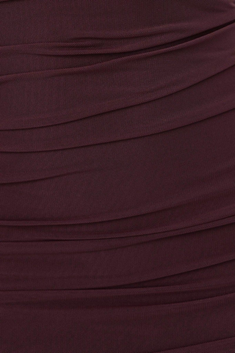 Close-up of burgundy ruching detail on Yuxi Midi Dress, featuring a textured mesh overlay for added style.