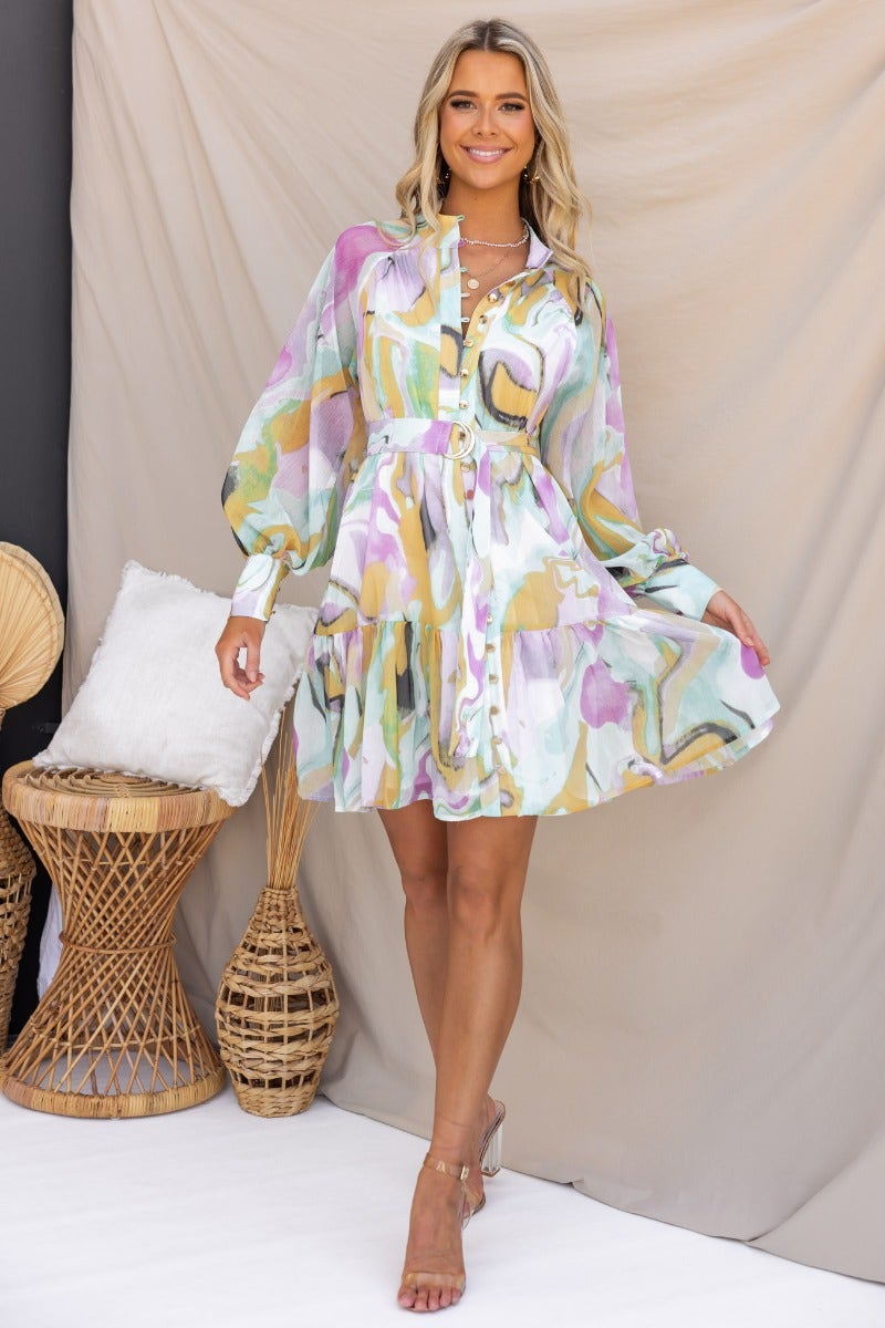 Multi-color Orazio Dress with a high neckline and button-up front, styled with a removable belt and relaxed fit.