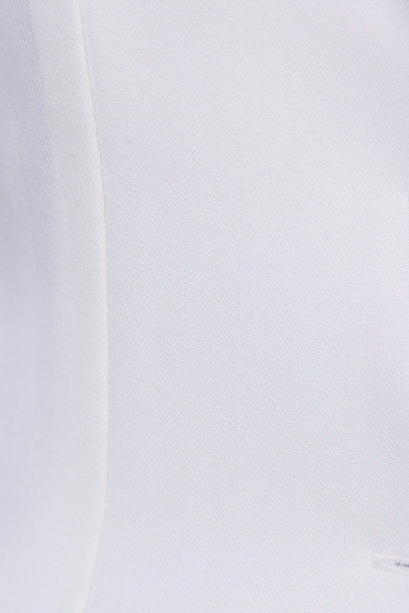 Close-up of Edin Blazer's fabric, showcasing the smooth white texture and quality material blend of polyester and spandex.