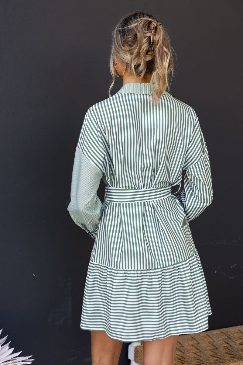 Back view of a mint green striped Tiller Dress with a removable belt and relaxed fit.