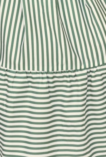 Green and white striped Tiller Dress featuring a relaxed fit and gathered skirt for a stylish summer look.