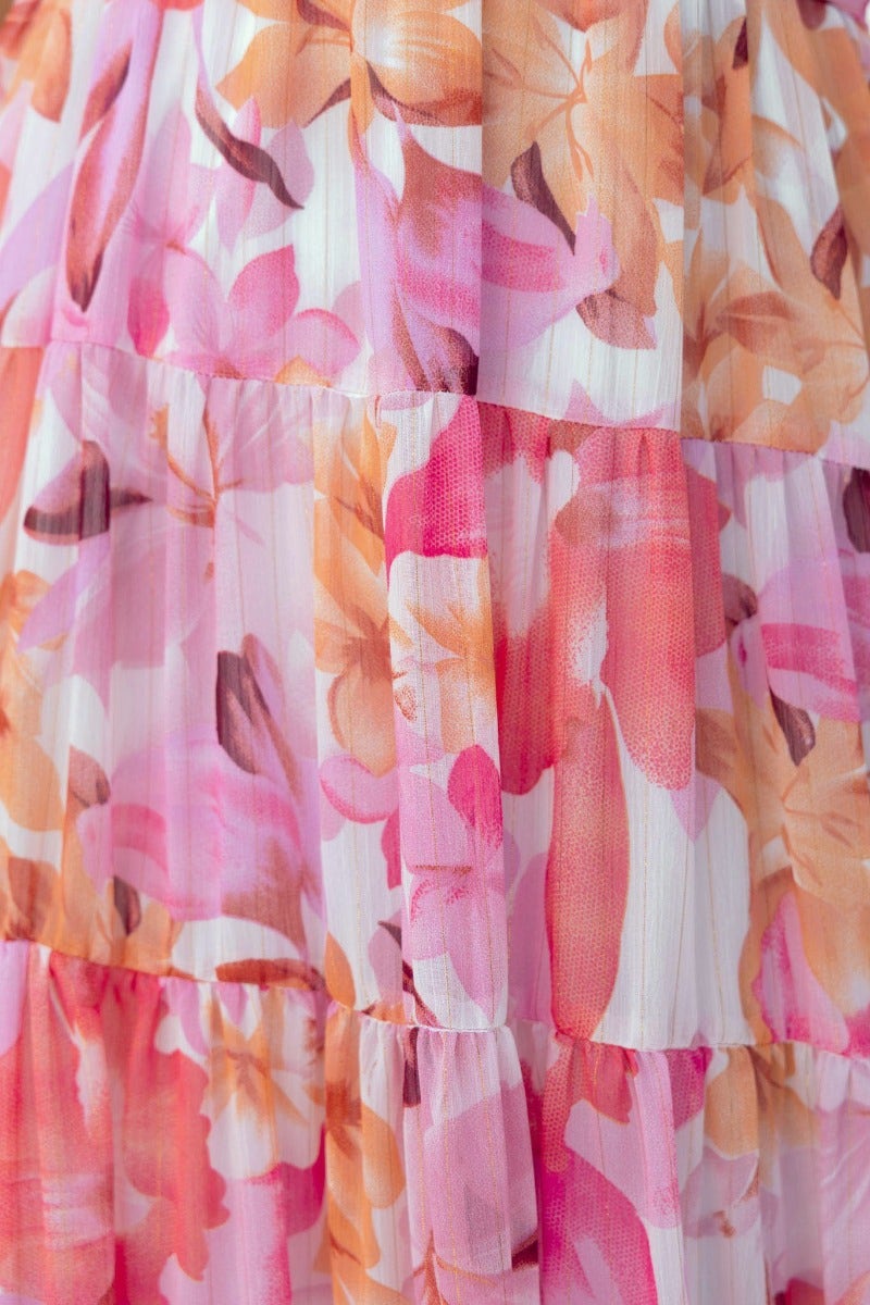 Close-up of floral print fabric in pink and orange hues, featured in the Orchi Midi Dress.