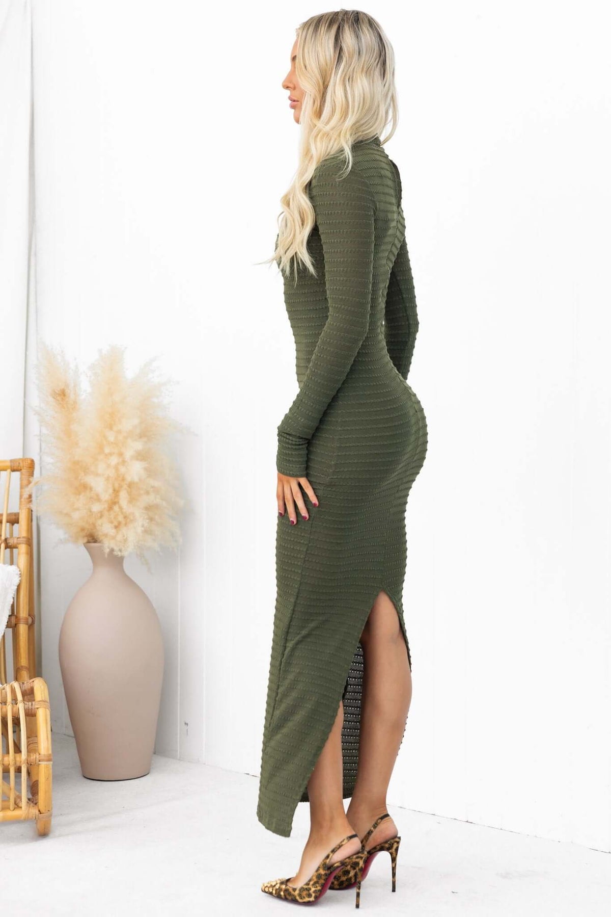 Everlie Maxi Dress in olive green, high neckline, textured material, and side split detail.