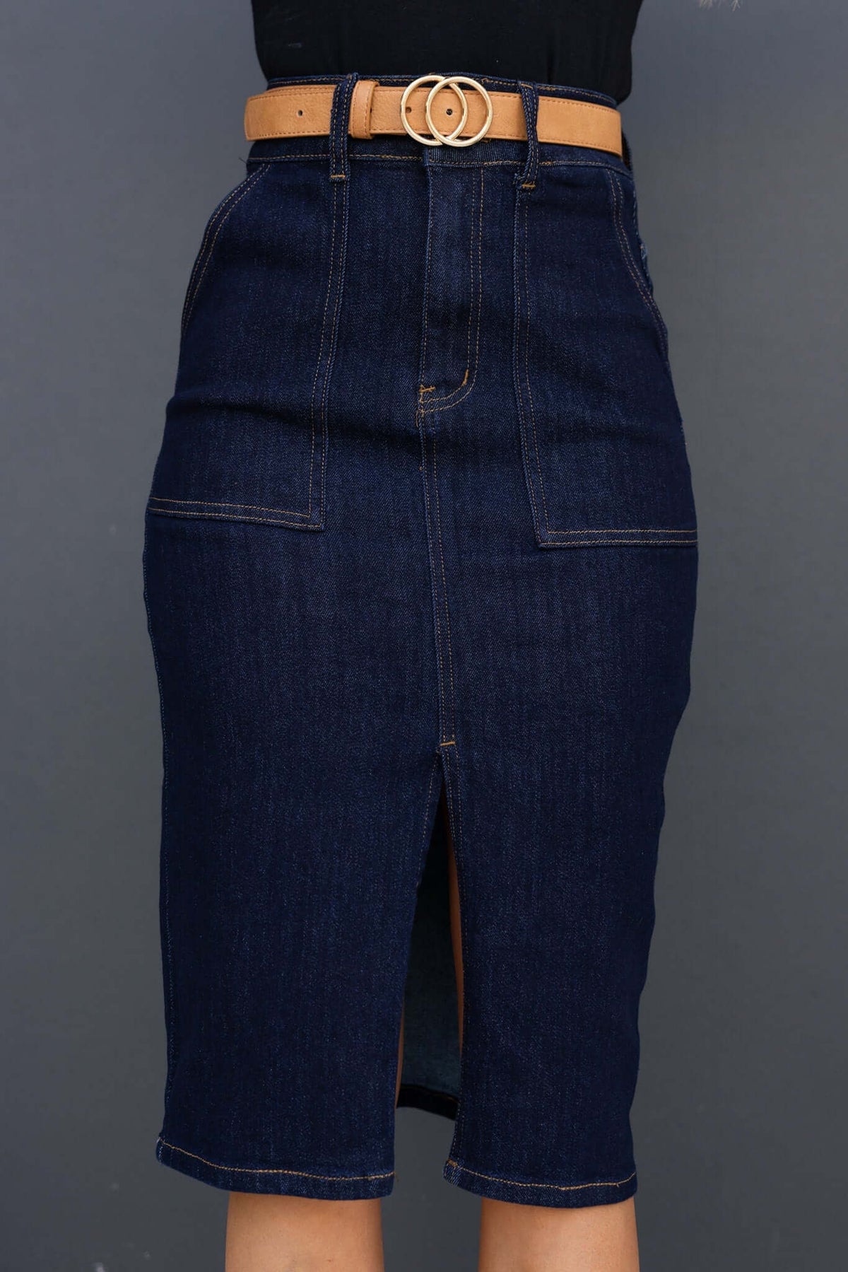 Ella Denim Midi Skirt in dark navy with mid-high waist, front split, front and back pockets, and stylish belt.