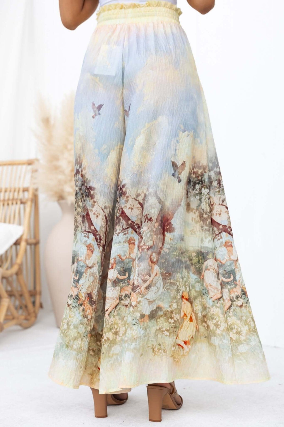 Grafton Pants featuring an abstract print with a mid-high waist, elastic waistband, and wide legs.