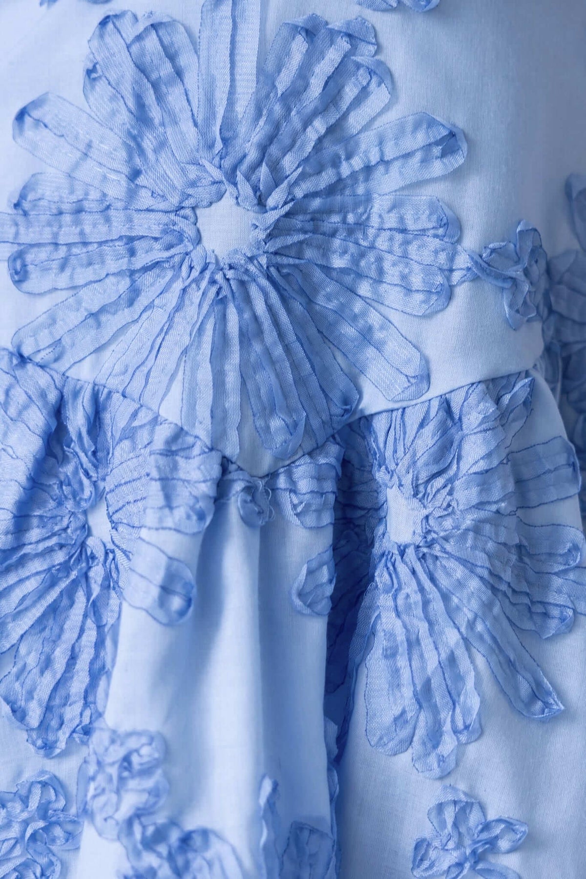 Close-up of textured floral detail on the Olinda Dress in light blue, featuring intricate fabric ruffles.