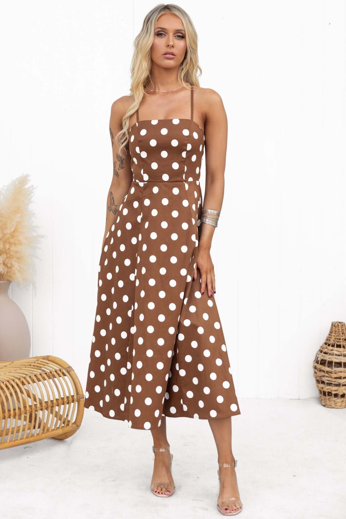 Orphila Midi Dress featuring adjustable straps, square neckline, and brown polka dot design, perfect for summer outings.