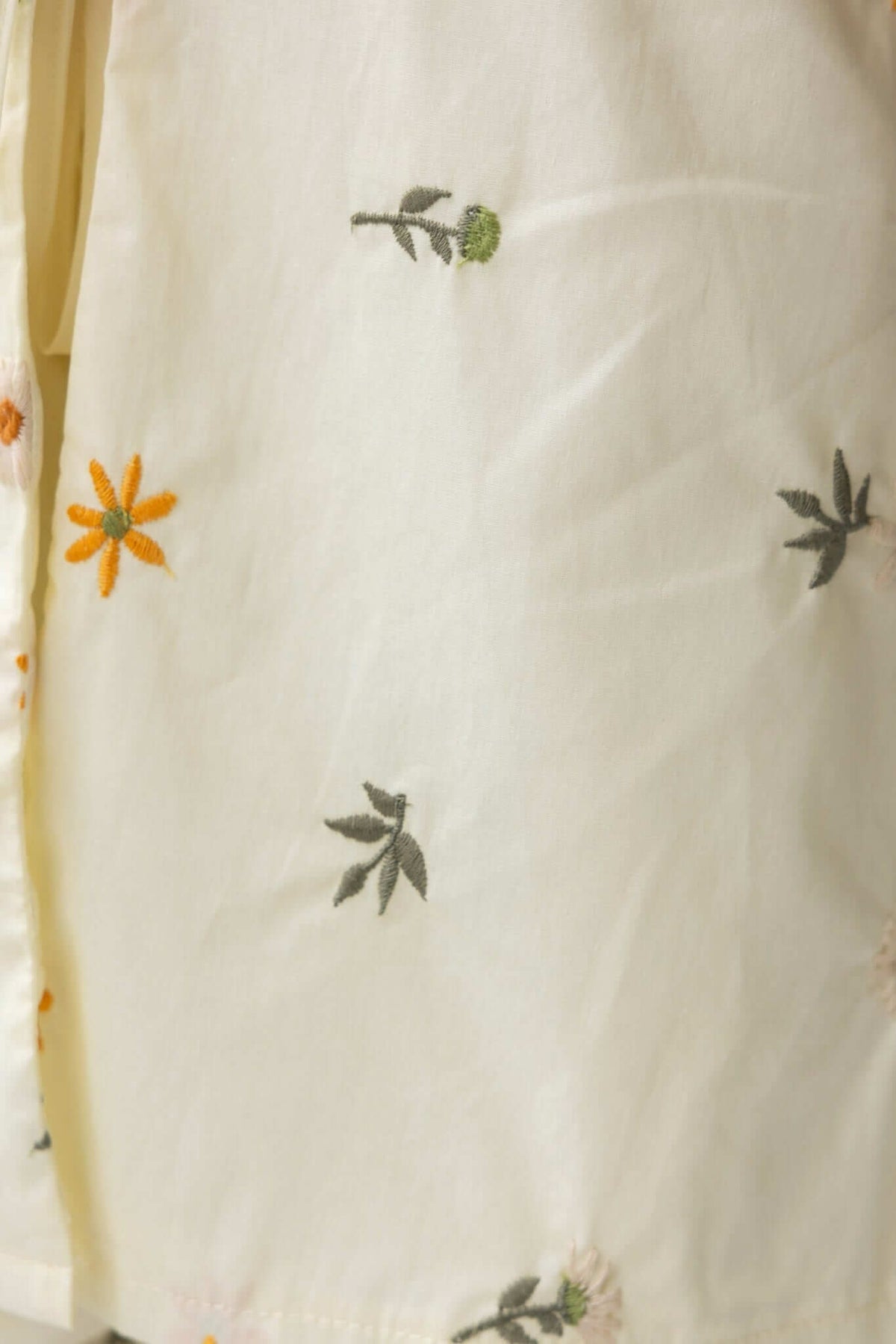 Close-up of embroidered flowers on a soft cotton fabric, showcasing intricate details in a cream background.