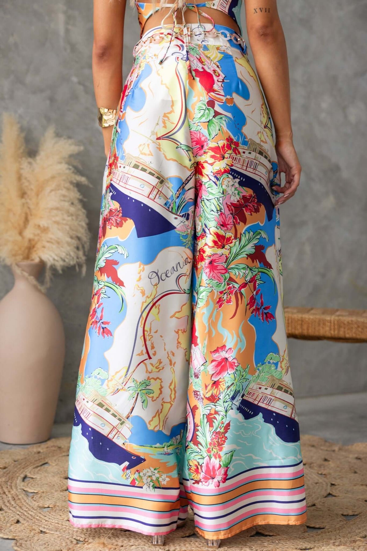 Colorful Saluzzo Pants in a tropical print featuring a mid-high waist fit and removable belt.