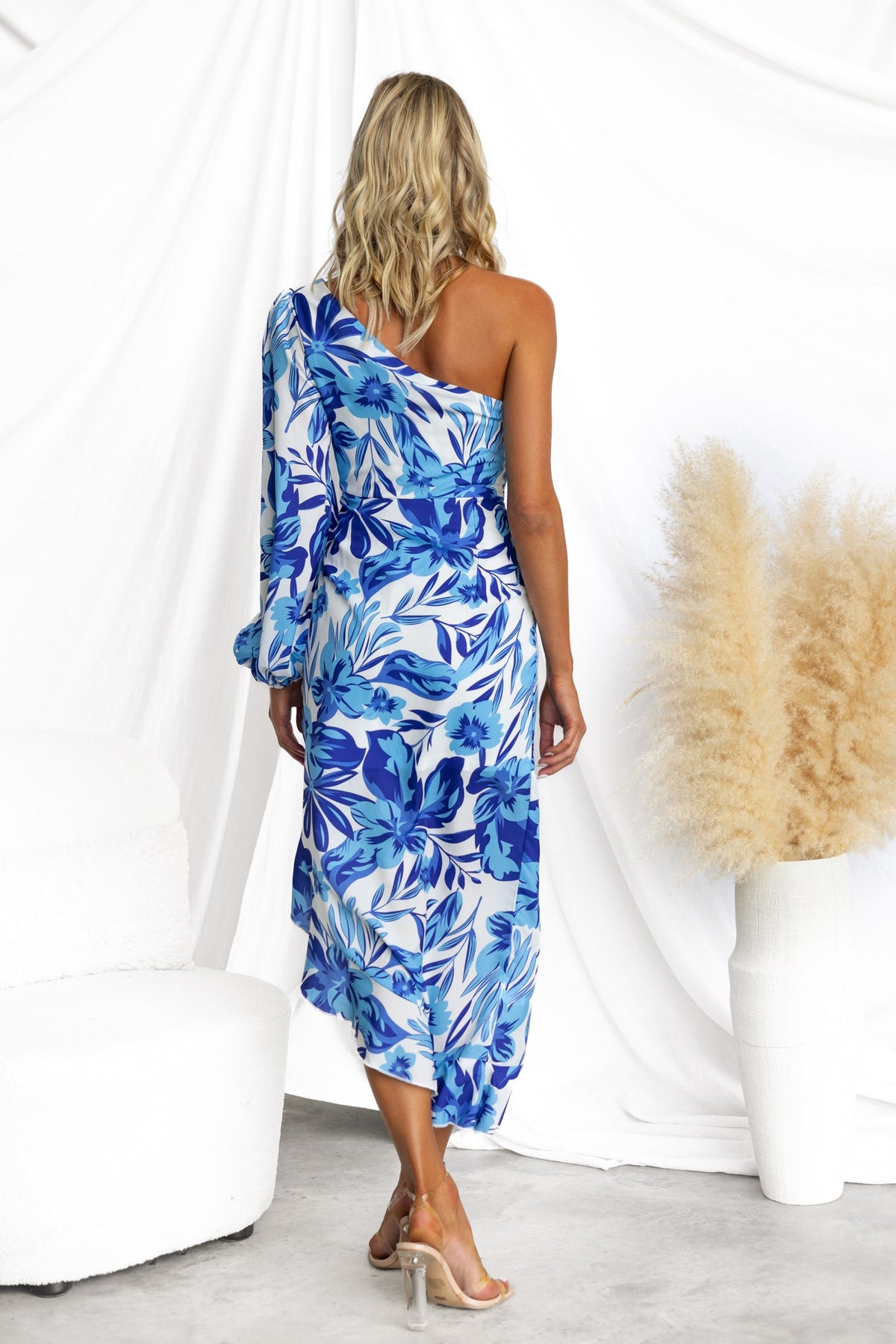 Jovanna Midi Dress: Blue floral print one-shoulder dress with asymmetric hemline and knot detail at hip.