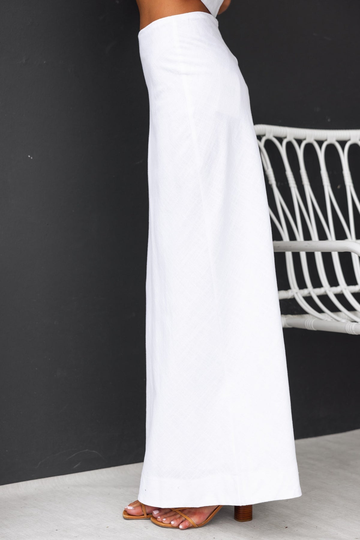 White Bexley Maxi Skirt with mid-high waist and invisible zip, styled with a casual top.
