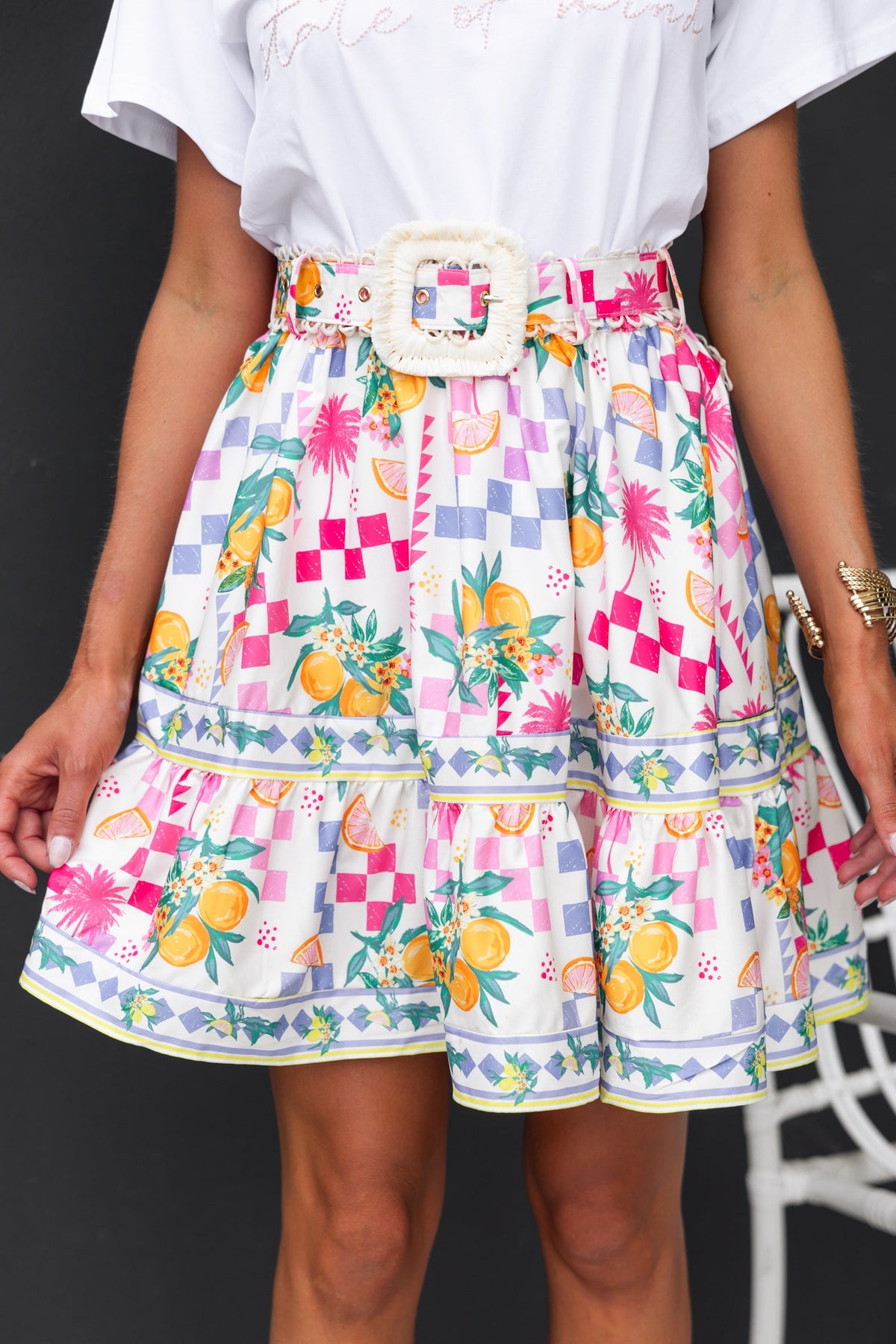 Colorful abstract print Talisa skirt with removable belt and elastic waistband, perfect for summer styling.