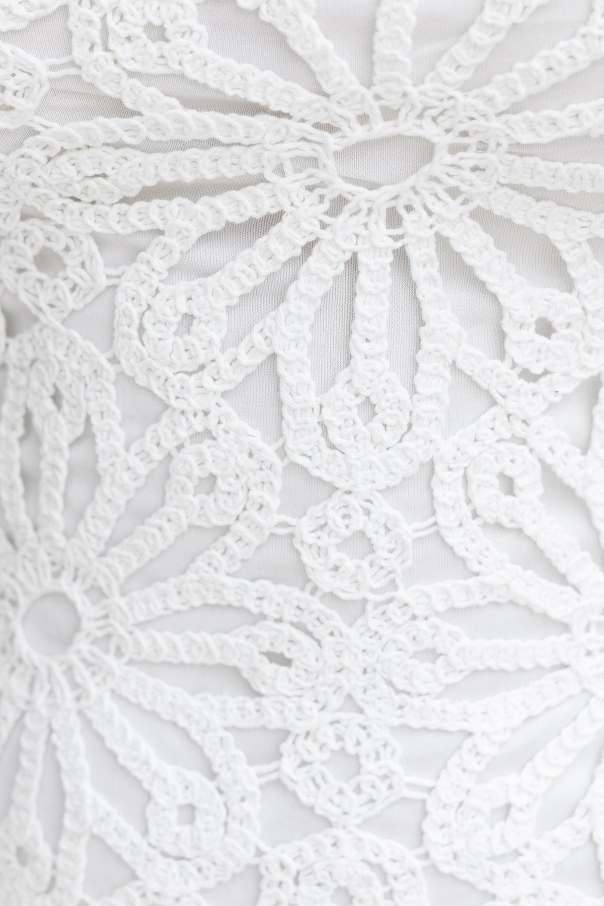 Close-up of intricate white crochet lace fabric with floral patterns, ideal for garment design.