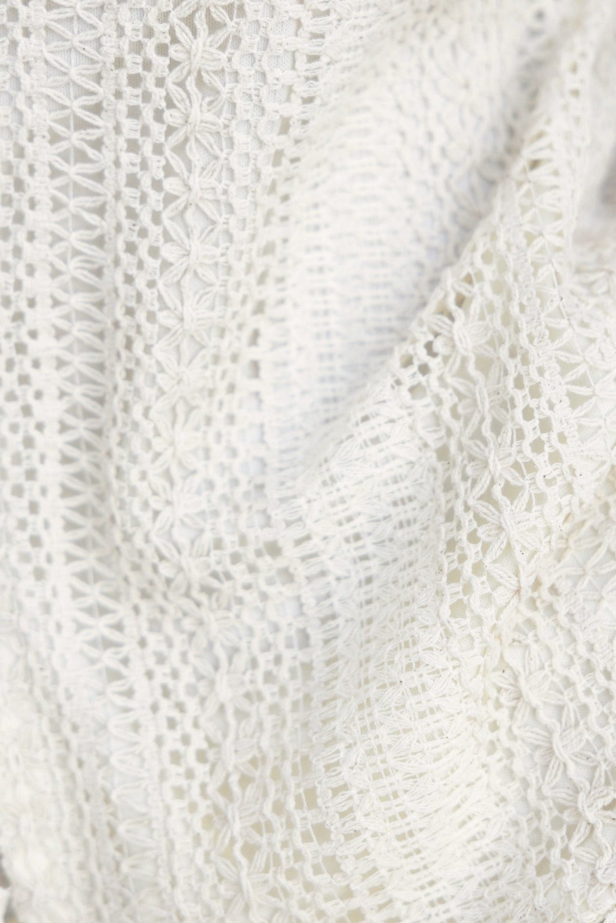 Close-up of crochet material featuring intricate patterns and textures, perfect for stylish clothing.