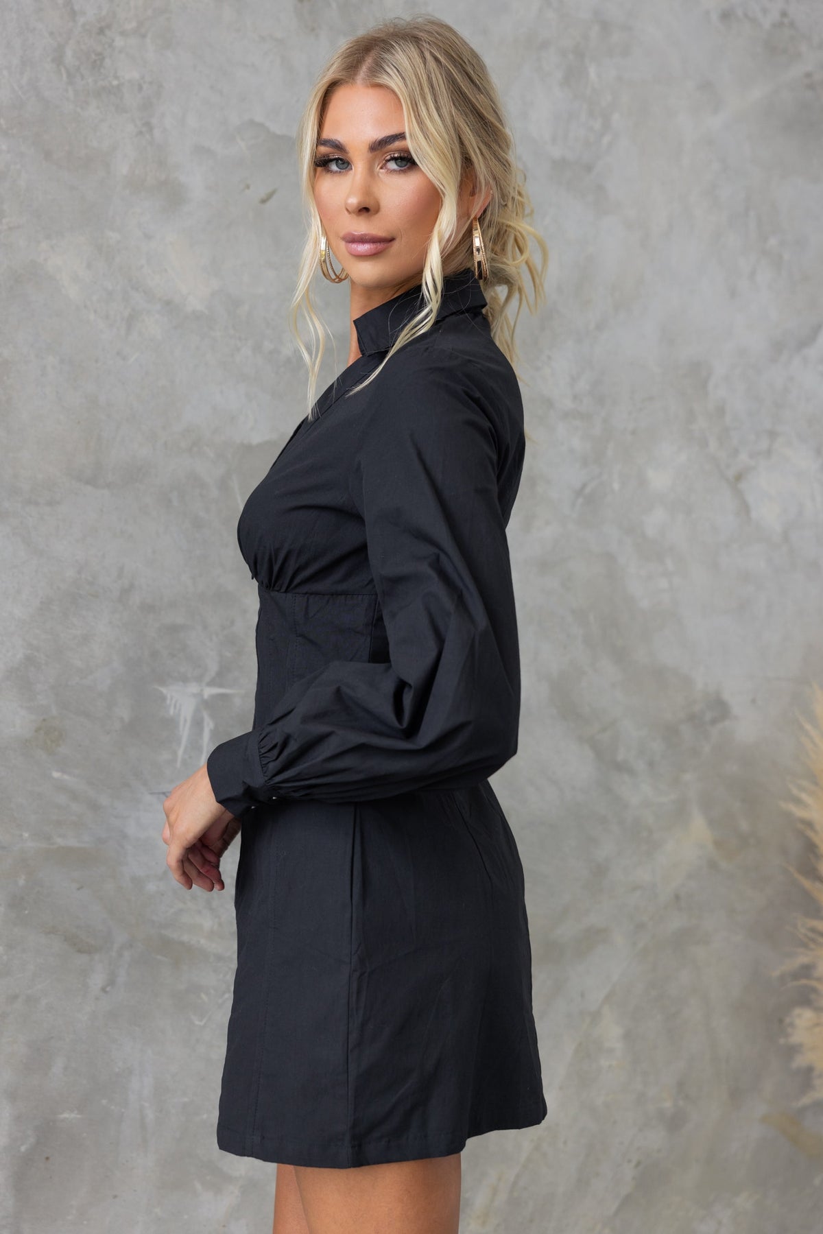 Model wearing the Lanetta Dress, a black cotton dress featuring a collar and V-neckline, styled with a chic side view.