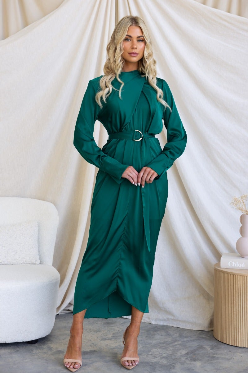 Model wearing a green satin Maranta Midi Dress featuring a high neckline, removable belt, and stylish silhouette.