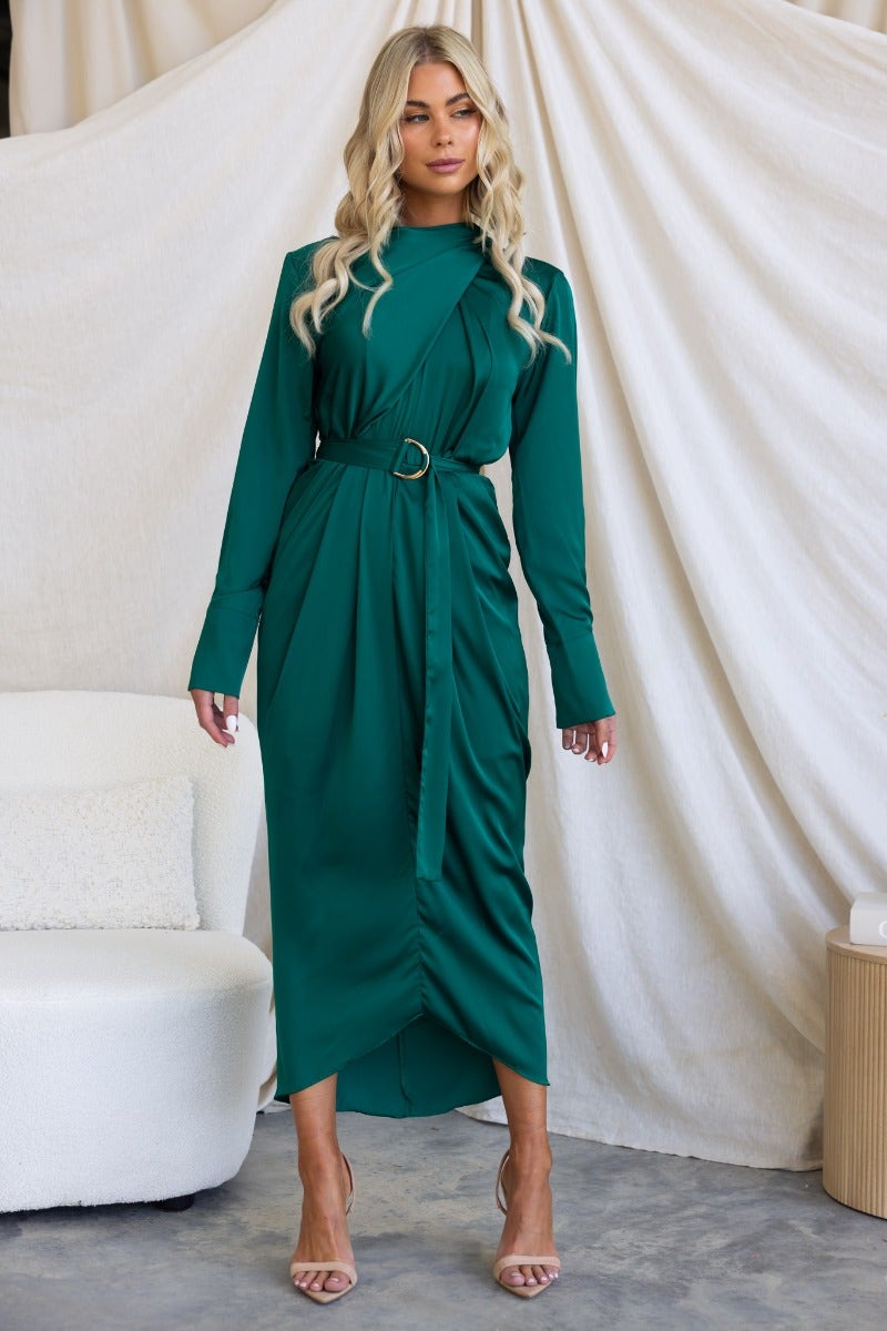 Model wearing a green satin Maranta midi dress with high neckline and removable belt.