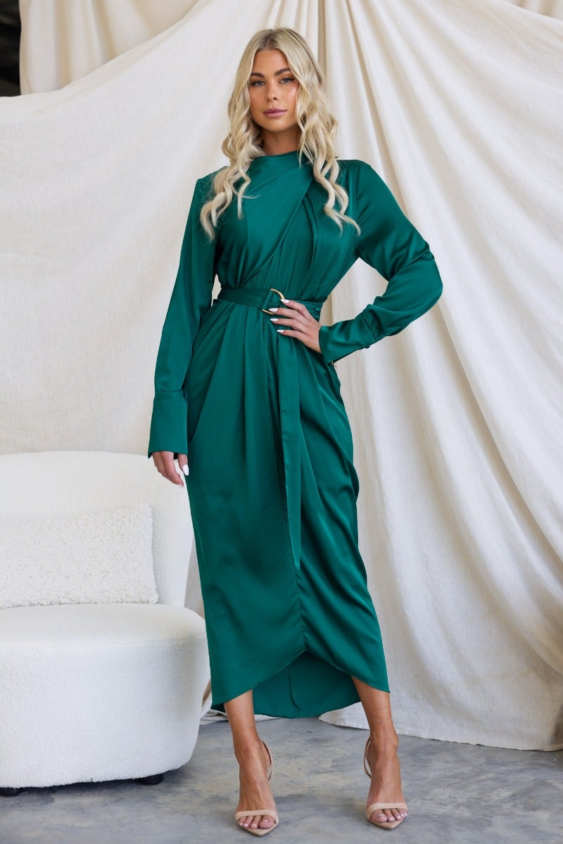 Satin Maranta Midi Dress in green with high neckline, removable belt, and invisible zip, styled by model.