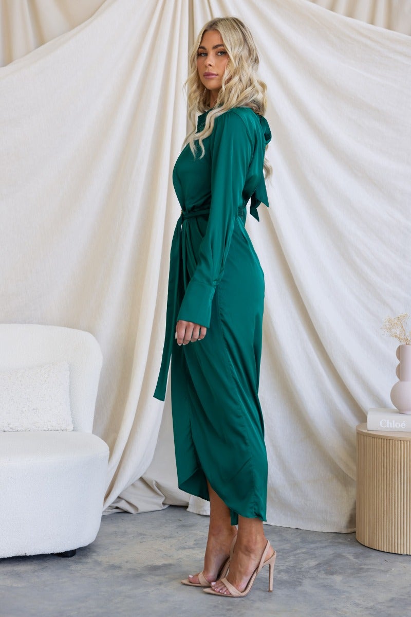 Maranta Midi Dress in green satin with high neckline and tie detail, featuring a removable belt and elegant drape.