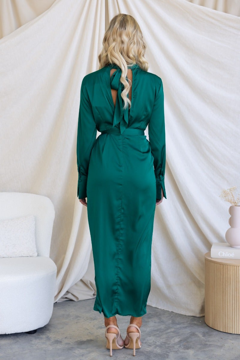 Back view of the Maranta Midi Dress, featuring a satin finish, high neckline, and tied detail at the base.