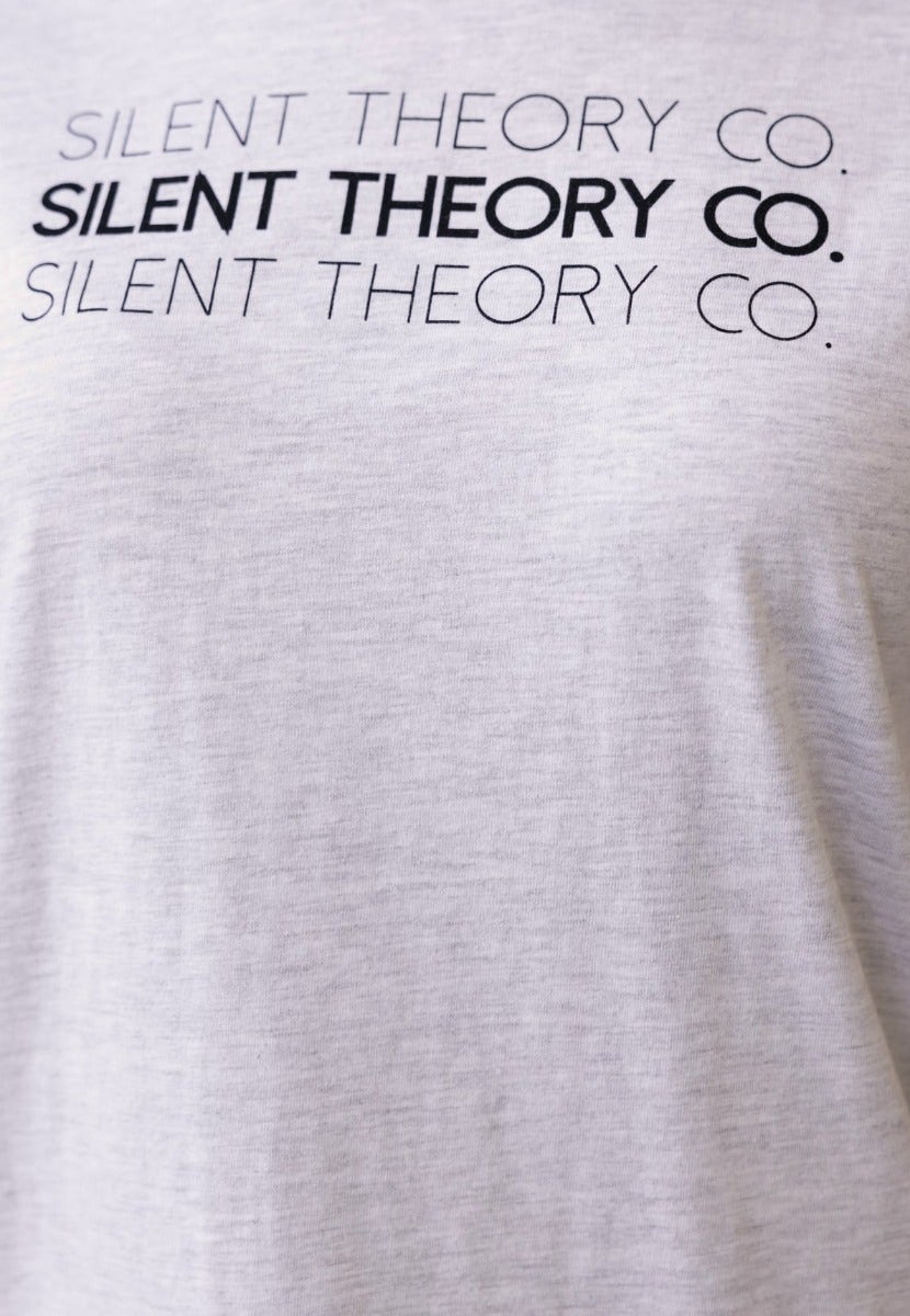 Silent Theory Co print tee in light grey, featuring a round neckline and slightly relaxed fit, made of 100% cotton.