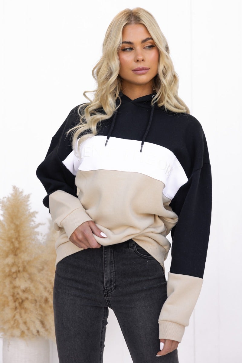 Nayle Jumper with black and beige colorblock design, featuring an attached hood and ribbed cuffs for a stylish oversized fit.