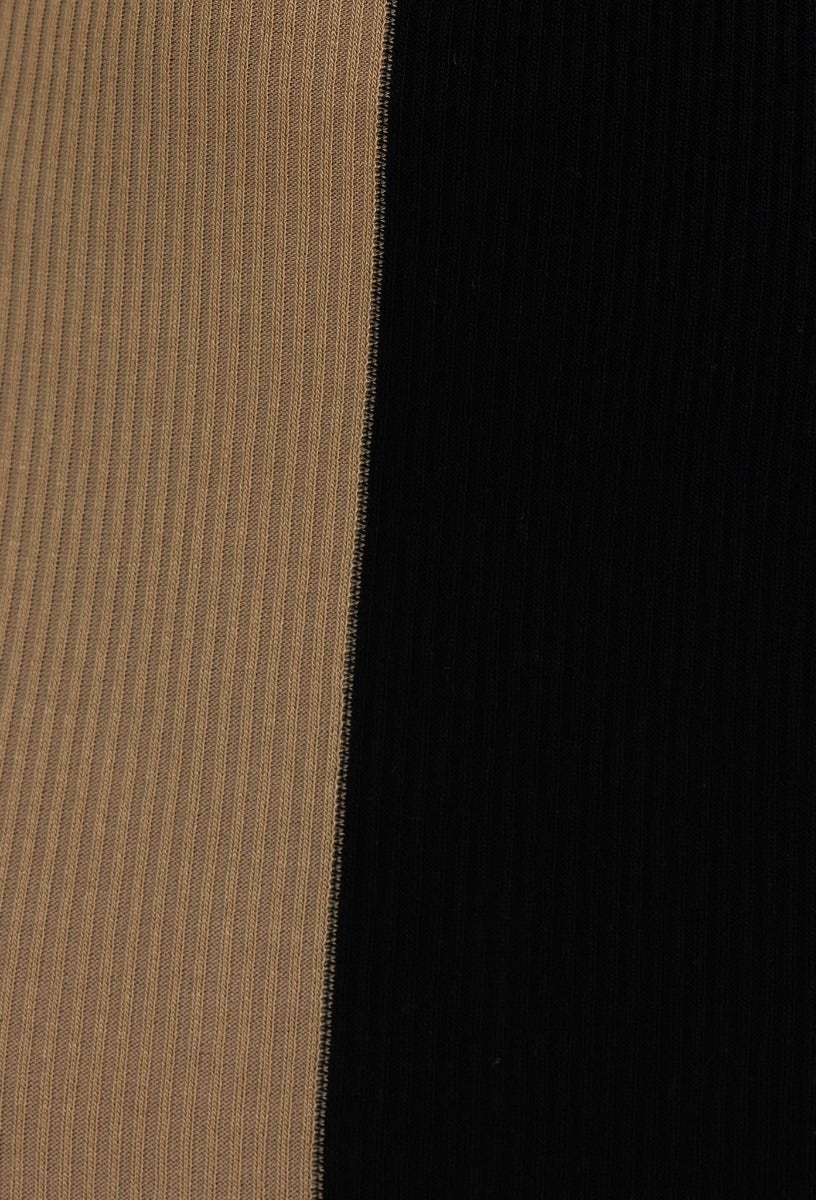 Close-up of ribbed knit material in black and tan colors, showcasing texture for Brinney Midi Dress.