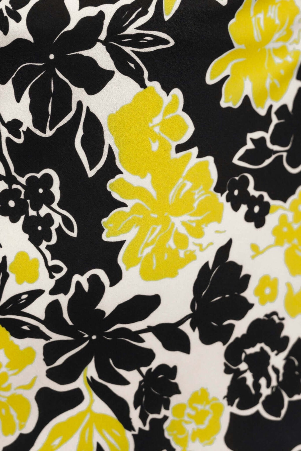 Close-up of black and yellow floral pattern on fabric, perfect for stylish dresses or summer wear.