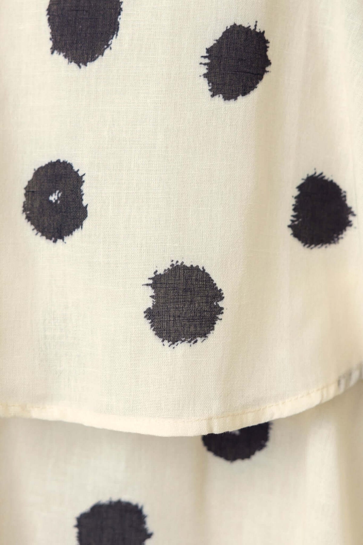 Close-up of Portici Midi Dress fabric featuring black polka dots on a soft cream background.