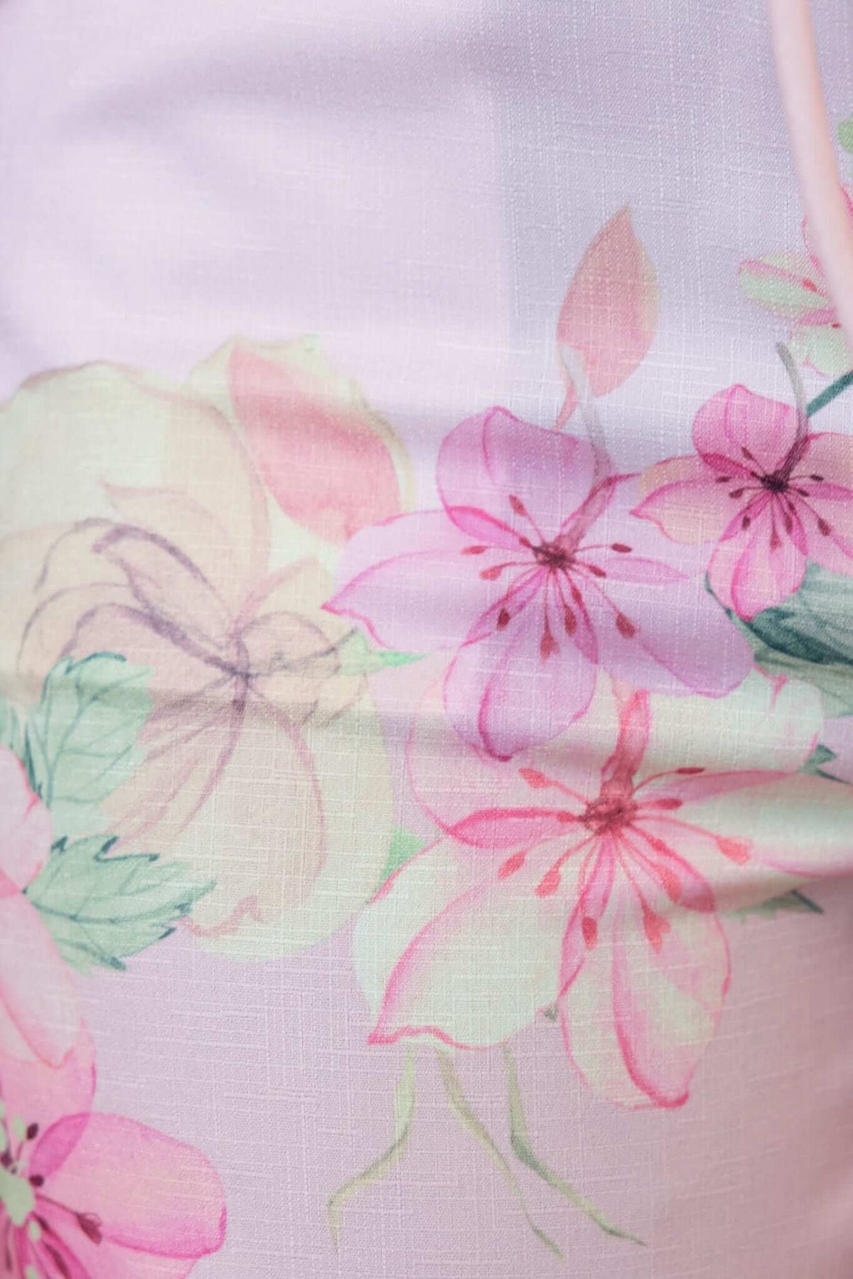 Close-up of a floral pattern featuring pink and pastel flowers on a soft background.