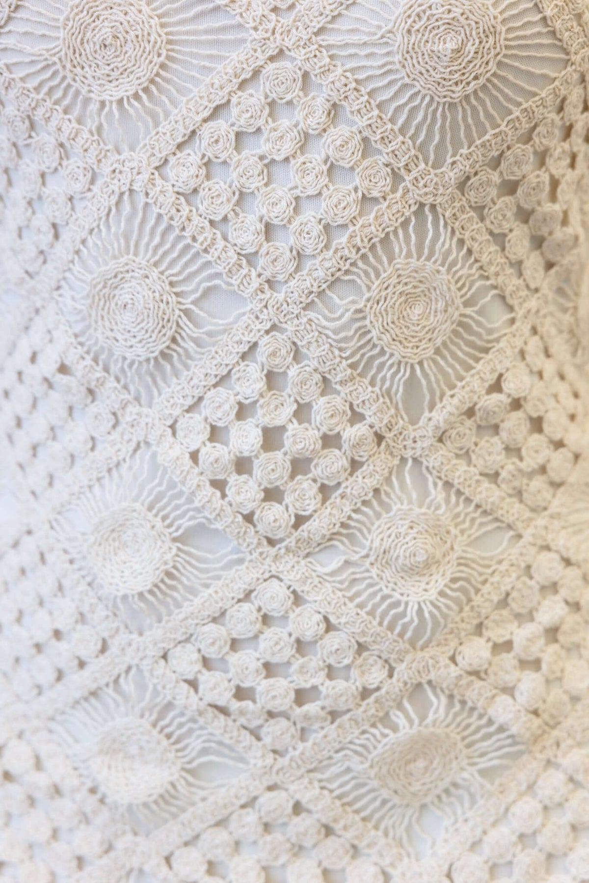Close-up of intricate crochet detail showcasing a textured pattern in neutral tones, ideal for a maxi dress.
