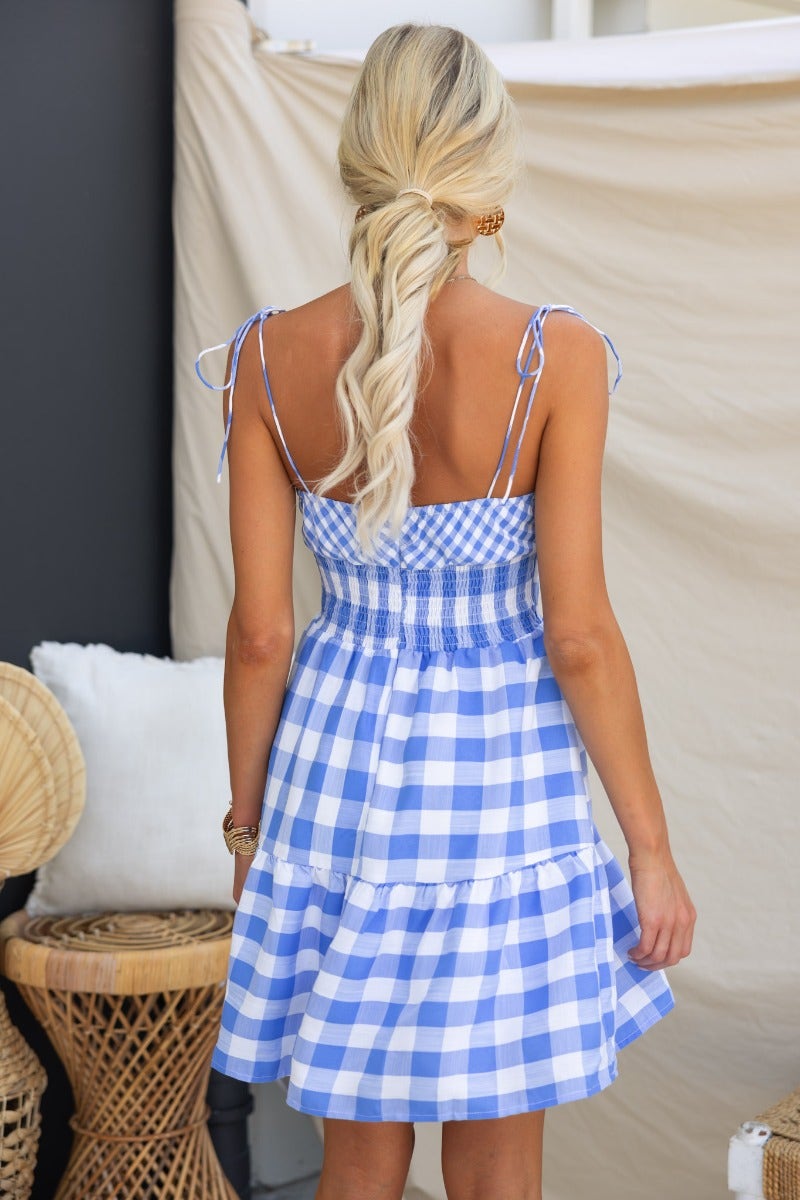 Back view of Dorothy Dress featuring blue and white plaid pattern, adjustable tie straps, and flared hem.