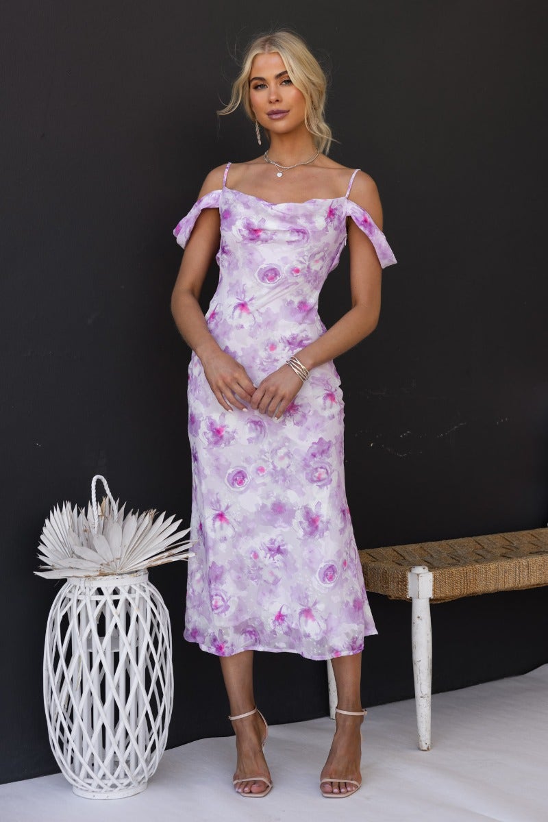 Florina Midi Dress with embossed print, off-shoulder sleeves, and adjustable straps in pastel purple.
