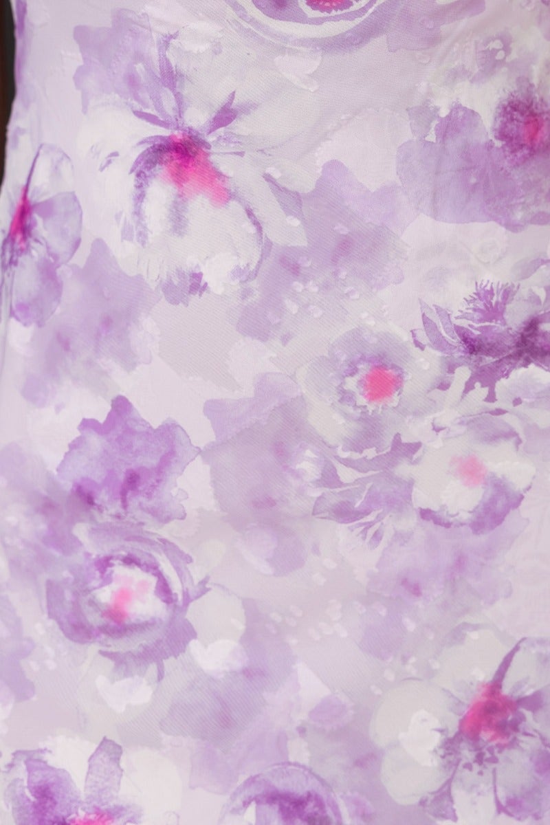 Close-up of lavender floral print on Florina Midi Dress featuring soft watercolor designs.