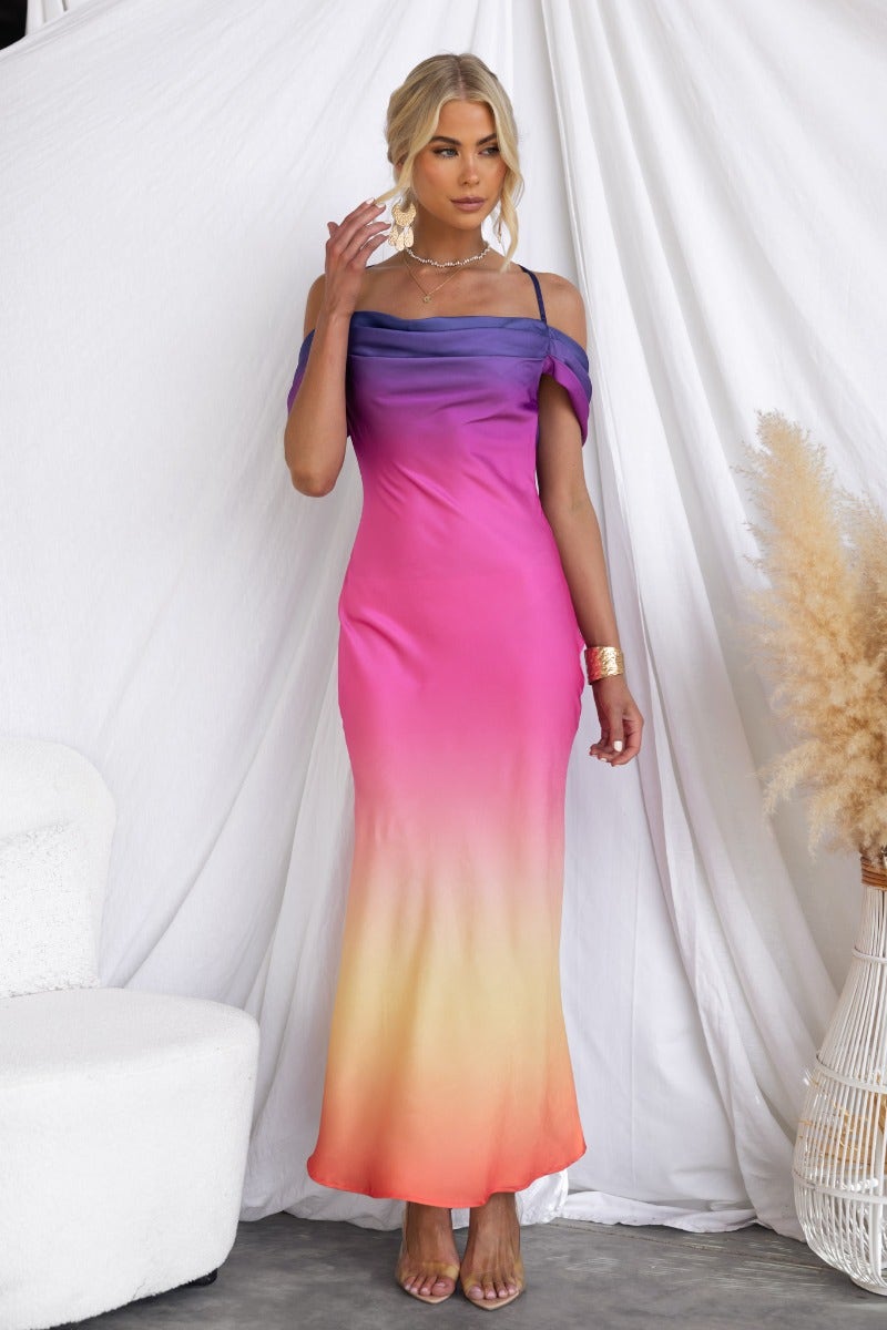 Jiah Maxi Dress featuring a vibrant ombre design with adjustable straps and a sleek silhouette, perfect for summer outings.