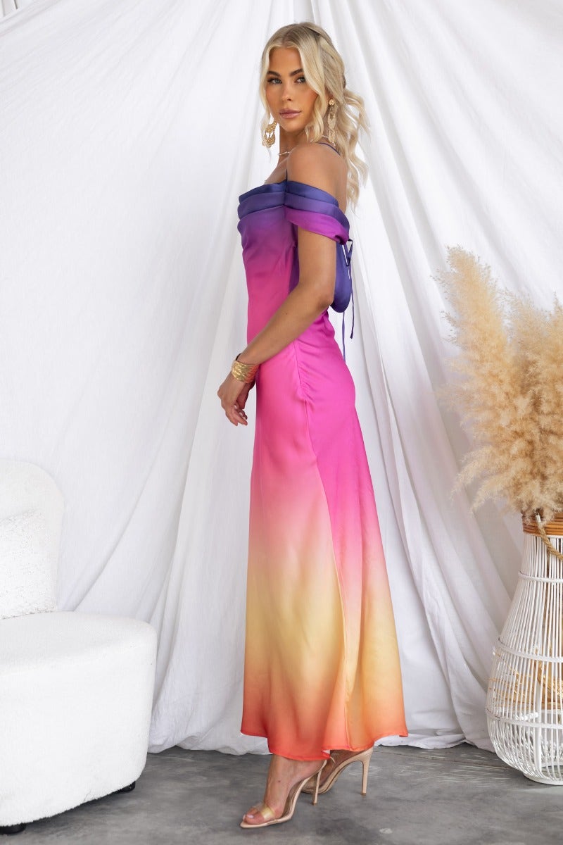 Side view of a multi-colour Jiah Maxi Dress with adjustable tie straps and gradient hues, perfect for summer outings.