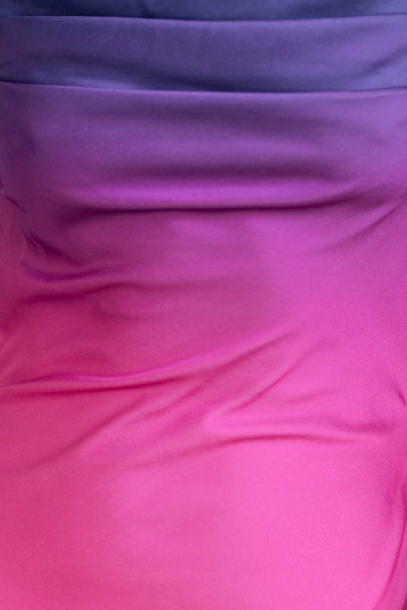 Multi-colour gradient fabric of the Jiah Maxi Dress showcasing shades of purple and pink.