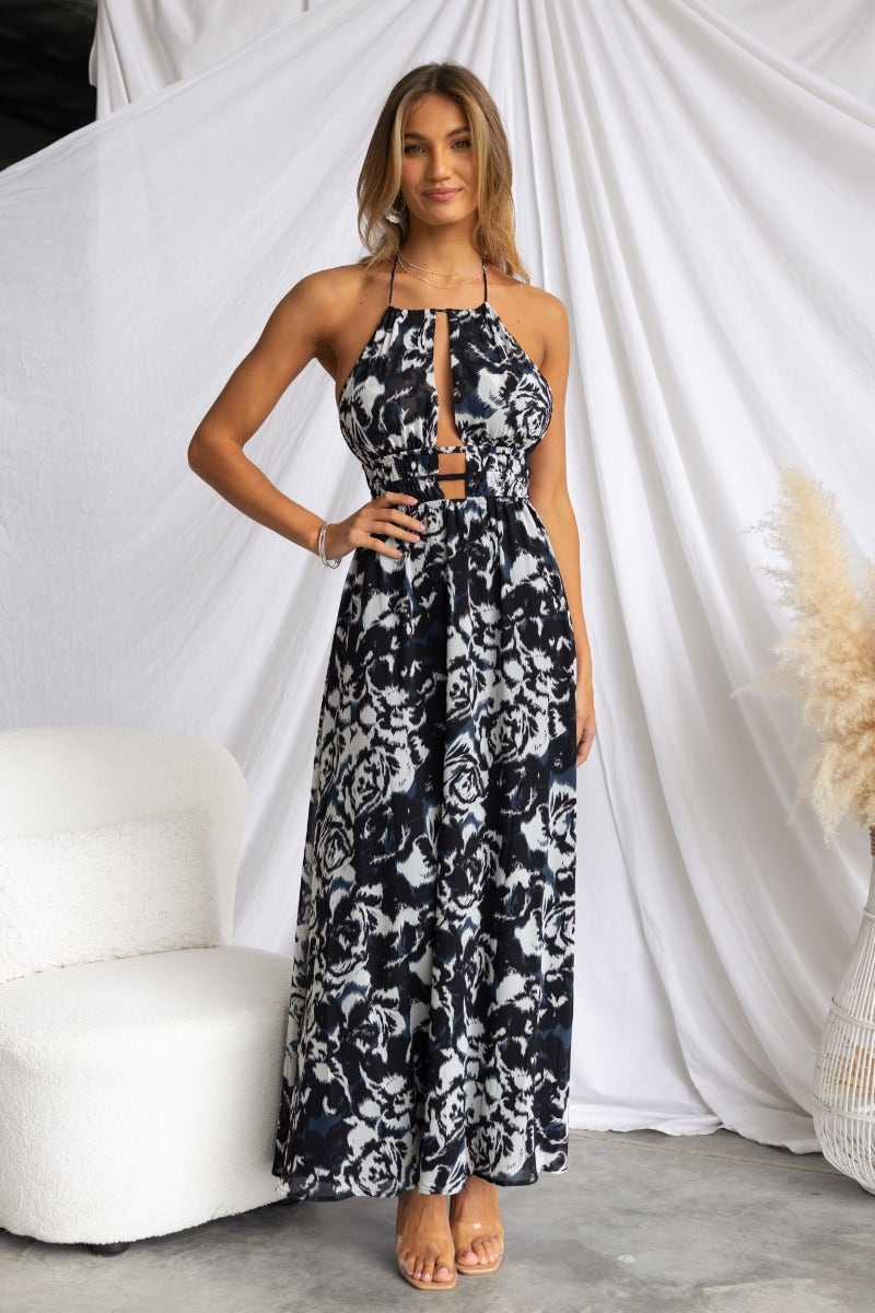 Kariah Maxi Dress in black multi-colour with adjustable halter neckline and cut-out details, perfect for summer outings.