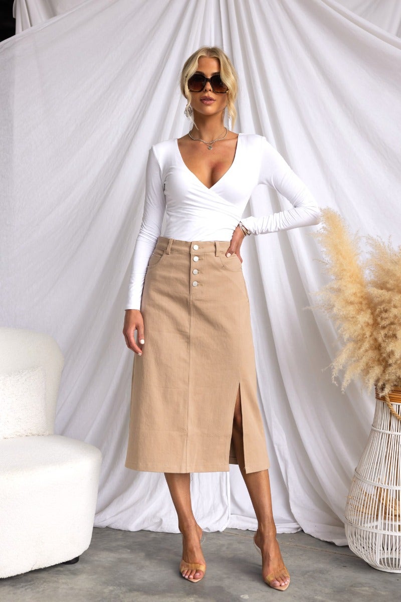 Long Denim Beige Denim Skirt Midi Farren Denim Midi Skirt