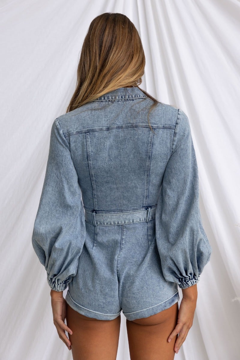 Back view of Rover Denim Playsuit showing zip-up front, elastic cuffs, and removable belt, ideal for casual styling.