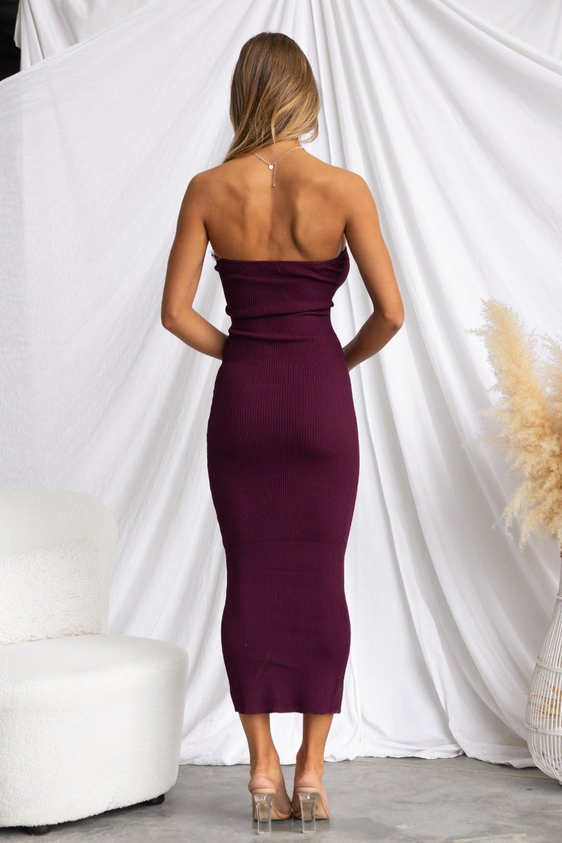 Effie Midi Dress in burgundy, showing back view with strapless design and ribbed knit material.