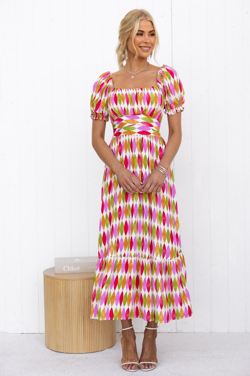 Garland Midi Dress featuring a multi-colour print, sweetheart neckline, puff sleeves, and pockets for a stylish look.