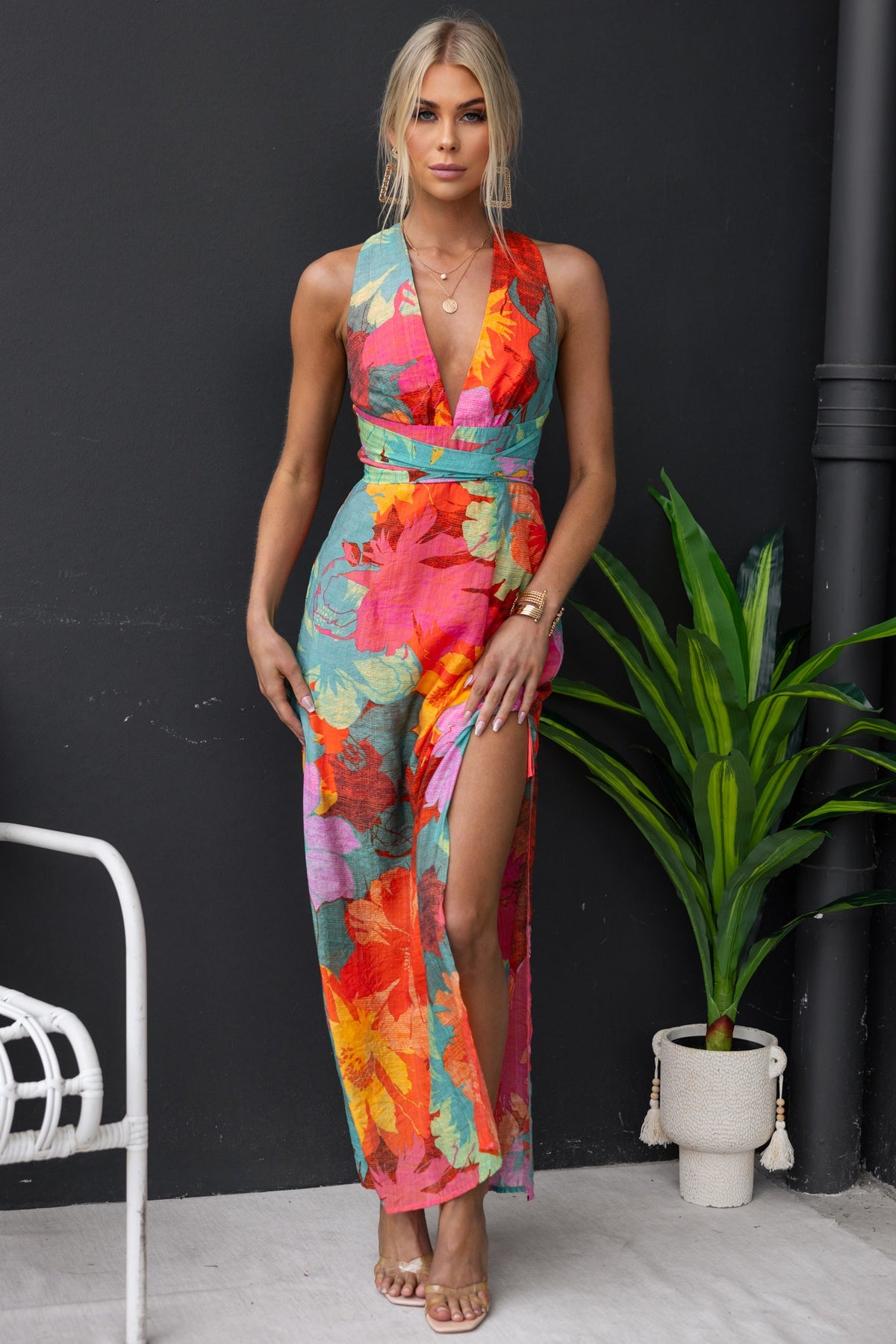 Colorful Kyrie Maxi Dress with adjustable tie neckline and side split, perfect for summer occasions.