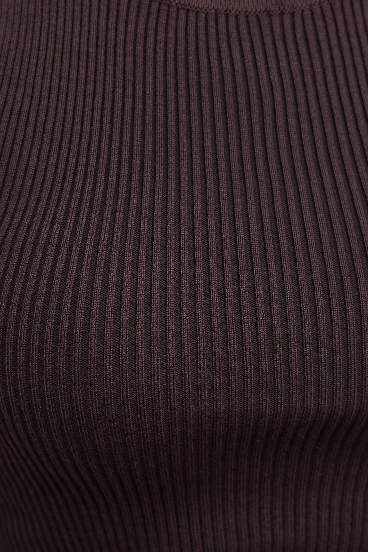 Close-up of the ribbed fabric of the Estha Top in dark brown, highlighting its stretchy material and high neckline.