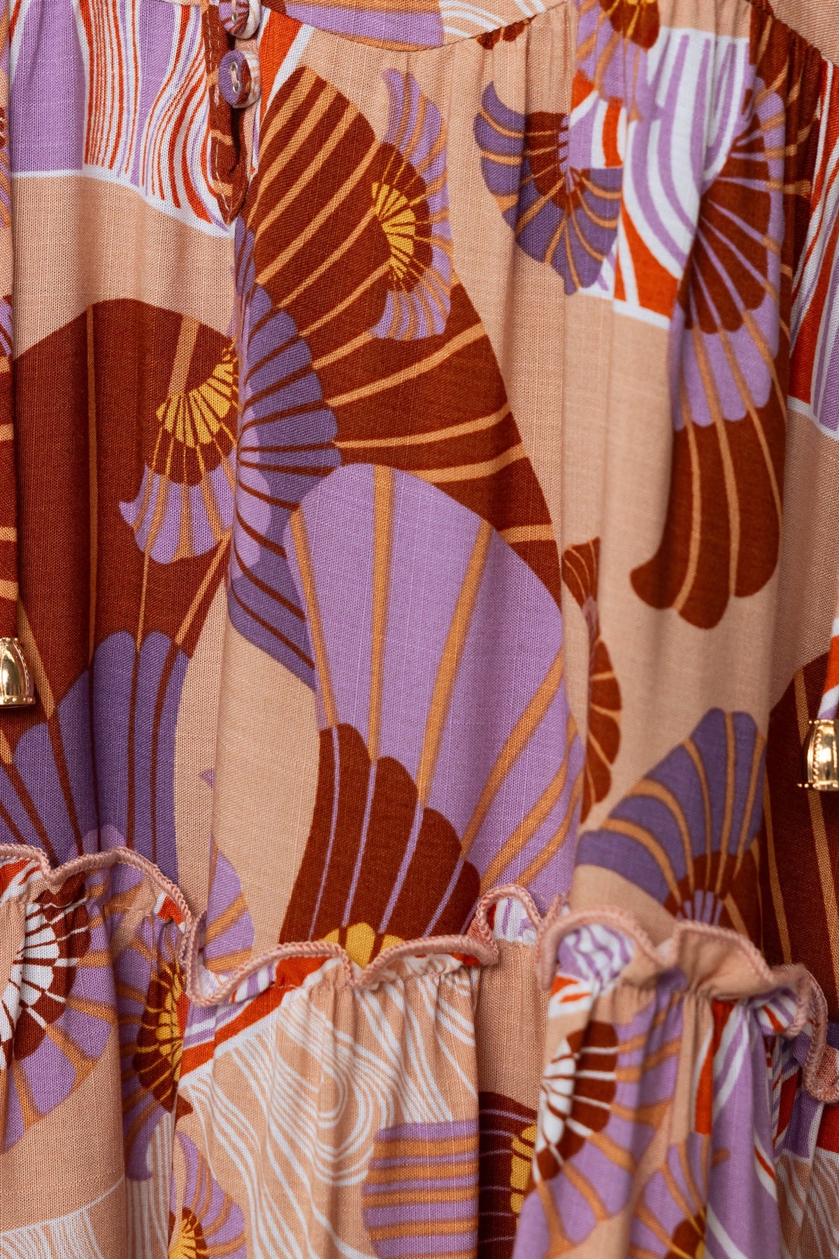 Close-up of the Boone Dress in vibrant flowers, featuring a button-up design and relaxed fit, made from soft rayon.